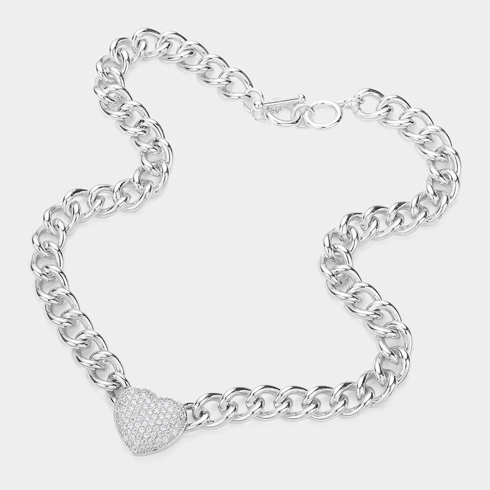 CZ Stone Paved Heart Pendant Toggle Necklace