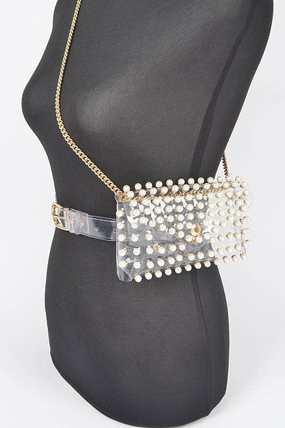 Rhinestone Clear Belt Bag W/Chain