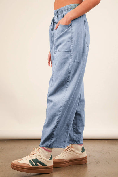 Washed Chambray Barrel Denim Pants