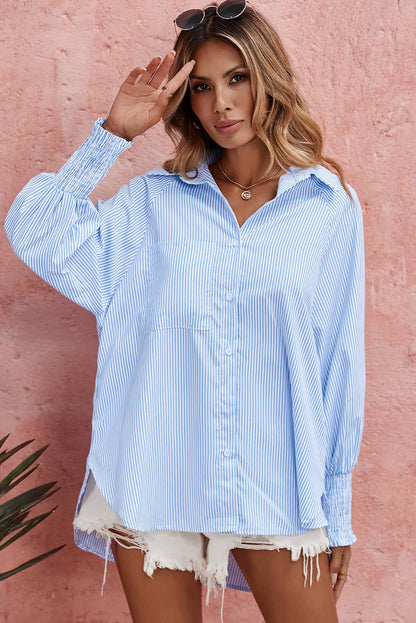 Smocked Cuffed Striped Boyfriend Shirt with Pocket