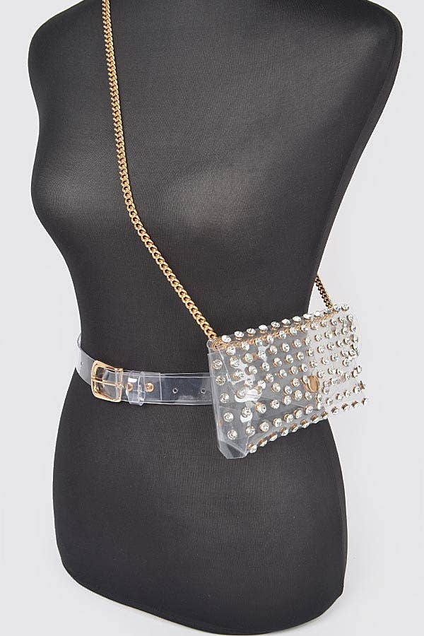 Rhinestone Clear Belt Bag W/Chain