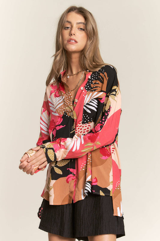 Floral Leaf Abstract Challis Blouse